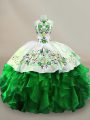 Spectacular Sleeveless Organza Floor Length Lace Up Sweet 16 Quinceanera Dress in Green with Embroidery and Ruffles