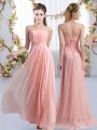 Custom Fit Strapless Sleeveless Vestidos de Damas Sweep Train Beading Pink Chiffon