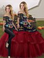 Sumptuous Wine Red Sleeveless Embroidery and Ruffled Layers Lace Up 15th Birthday Dress