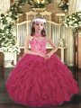 Elegant Hot Pink Little Girls Pageant Dress Wholesale Party and Sweet 16 and Wedding Party with Appliques and Ruffles Halter Top Sleeveless Lace Up