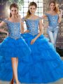 Fine Lace Up Quinceanera Dress Blue for Military Ball and Sweet 16 and Quinceanera with Beading and Pick Ups Brush Train