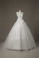White Wedding Dress Wedding Party with Beading and Lace and Hand Made Flower One Shoulder Sleeveless Brush Train Lace Up