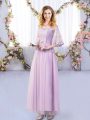 Top Selling Lavender Half Sleeves Floor Length Lace and Belt Side Zipper Damas Dress