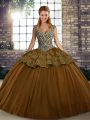 Brown Ball Gowns Straps Sleeveless Tulle Floor Length Lace Up Beading and Appliques Ball Gown Prom Dress
