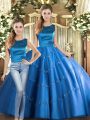 Appliques Ball Gown Prom Dress Blue Lace Up Sleeveless Floor Length