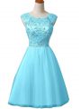 Luxurious Baby Blue A-line Tulle Scoop Sleeveless Beading Mini Length Zipper Prom Evening Gown