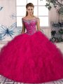 Hot Pink Lace Up Off The Shoulder Beading and Ruffles Quinceanera Gown Tulle Sleeveless Brush Train