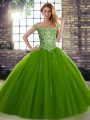 Olive Green Tulle Lace Up Quinceanera Dress Sleeveless Floor Length Beading