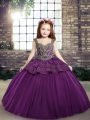 Glorious Sleeveless Floor Length Lace Up Child Pageant Dress in Eggplant Purple with Beading and Appliques