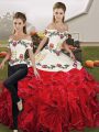White And Red Off The Shoulder Lace Up Embroidery and Ruffles Sweet 16 Dresses Sleeveless