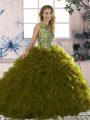 Olive Green Quince Ball Gowns Military Ball and Sweet 16 and Quinceanera with Beading and Ruffles Scoop Sleeveless Lace Up