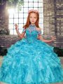 Aqua Blue Ball Gowns Organza High-neck Sleeveless Beading and Ruffles Floor Length Lace Up Little Girl Pageant Gowns