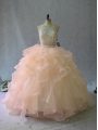 Elegant Peach Two Pieces Beading and Ruffles Sweet 16 Dress Backless Organza Sleeveless