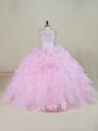 Custom Fit Pink Ball Gown Prom Dress Sweet 16 and Quinceanera with Beading and Ruffles Scoop Sleeveless Brush Train Backless