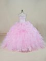 Custom Fit Pink Ball Gown Prom Dress Sweet 16 and Quinceanera with Beading and Ruffles Scoop Sleeveless Brush Train Backless