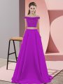 Purple Sleeveless Beading Backless Prom Evening Gown