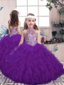 Floor Length Purple Winning Pageant Gowns High-neck Sleeveless Lace Up