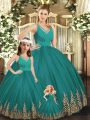 Glittering Sleeveless Tulle Floor Length Backless Sweet 16 Dress in Turquoise with Embroidery