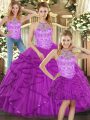Trendy Purple Tulle Lace Up Halter Top Sleeveless Quinceanera Dresses Beading and Ruffles
