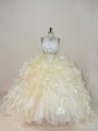 Champagne Vestidos de Quinceanera Sweet 16 and Quinceanera with Beading and Lace High-neck Sleeveless Brush Train Zipper