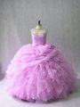 Glorious Lilac Scoop Lace Up Beading and Ruffles Quinceanera Gown Brush Train Sleeveless