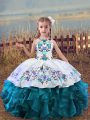 Teal Sleeveless Floor Length Embroidery and Ruffles Lace Up Little Girls Pageant Gowns