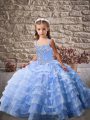 Blue Ball Gowns Organza Straps Sleeveless Beading and Ruffled Layers Lace Up Pageant Dress for Womens Brush Train