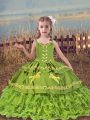 Olive Green Organza Lace Up Pageant Gowns For Girls Sleeveless Floor Length Beading and Embroidery and Ruffled Layers