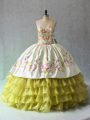 Chic Yellow Green Organza Lace Up 15th Birthday Dress Sleeveless Floor Length Beading and Ruffled Layers