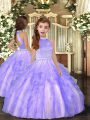 Lavender Tulle Backless High-neck Sleeveless Floor Length Kids Formal Wear Beading and Ruffles