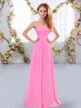 High Class Sleeveless Chiffon Floor Length Lace Up Quinceanera Court of Honor Dress in Rose Pink with Ruching