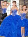 Custom Designed Royal Blue Sleeveless Floor Length Beading and Ruffles Lace Up Sweet 16 Dresses