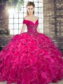 Hot Pink Organza Lace Up Off The Shoulder Sleeveless Floor Length Sweet 16 Dress Beading and Ruffles