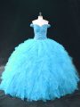 Tulle Off The Shoulder Sleeveless Lace Up Beading and Ruffles Quinceanera Dresses in Aqua Blue