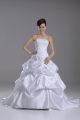 Ideal Sleeveless Taffeta Brush Train Lace Up Wedding Gowns in White with Beading and Pick Ups