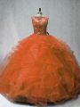 Latest Rust Red Ball Gowns Sleeveless Tulle Brush Train Lace Up Beading and Ruffles Quinceanera Dresses