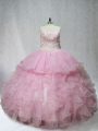 Pink Mermaid Sweetheart Sleeveless Organza Floor Length Lace Up Beading and Ruffles Quinceanera Dress