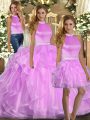 Pretty Lilac Three Pieces Halter Top Sleeveless Organza Floor Length Lace Up Beading and Ruffles 15th Birthday Dress