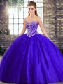Sleeveless Tulle Brush Train Lace Up 15th Birthday Dress in Blue with Beading