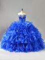 Inexpensive Royal Blue Lace Up Sweet 16 Dresses Beading and Ruffles Sleeveless