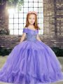 Fantastic Sleeveless Taffeta and Tulle Floor Length Lace Up Little Girls Pageant Dress in Lavender with Beading