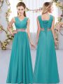 Teal Wedding Party Dress Wedding Party with Beading and Belt V-neck Sleeveless Lace Up