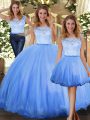 Best Blue Three Pieces Tulle Scoop Sleeveless Lace Floor Length Clasp Handle Ball Gown Prom Dress