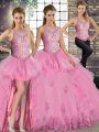 Rose Pink Sleeveless Tulle Lace Up Quinceanera Dresses for Military Ball and Sweet 16 and Quinceanera