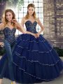 Lace Up Vestidos de Quinceanera Navy Blue for Military Ball and Sweet 16 and Quinceanera with Beading and Ruffled Layers Brush Train