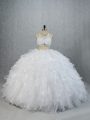 Designer White Organza Lace Up Quince Ball Gowns Sleeveless Brush Train Beading and Ruffles