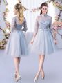 Sexy High-neck Half Sleeves Lace Up Dama Dress for Quinceanera Grey Tulle