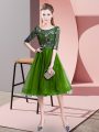 Delicate Half Sleeves Tulle Knee Length Lace Up Bridesmaid Gown in Green with Embroidery