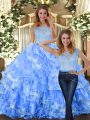Light Blue Quinceanera Gown Military Ball and Sweet 16 and Quinceanera with Lace and Ruffled Layers Scoop Sleeveless Zipper