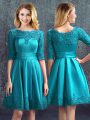 Teal Half Sleeves Lace Knee Length Quinceanera Dama Dress